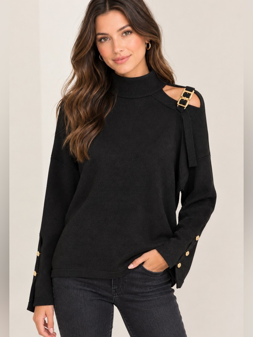 NWT ZAFUL Cold Shoulder Sweater Black Gold Hardware Detail Size 8